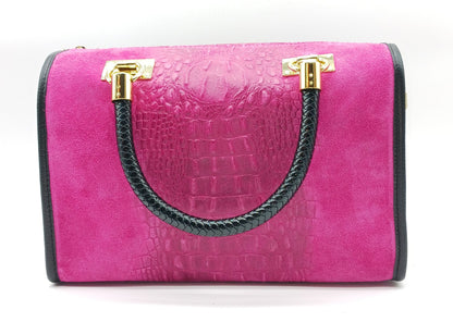 Genuine Suede & Leather Croc Embossed Satchel Handbag - Fuchsia – Made In Italy