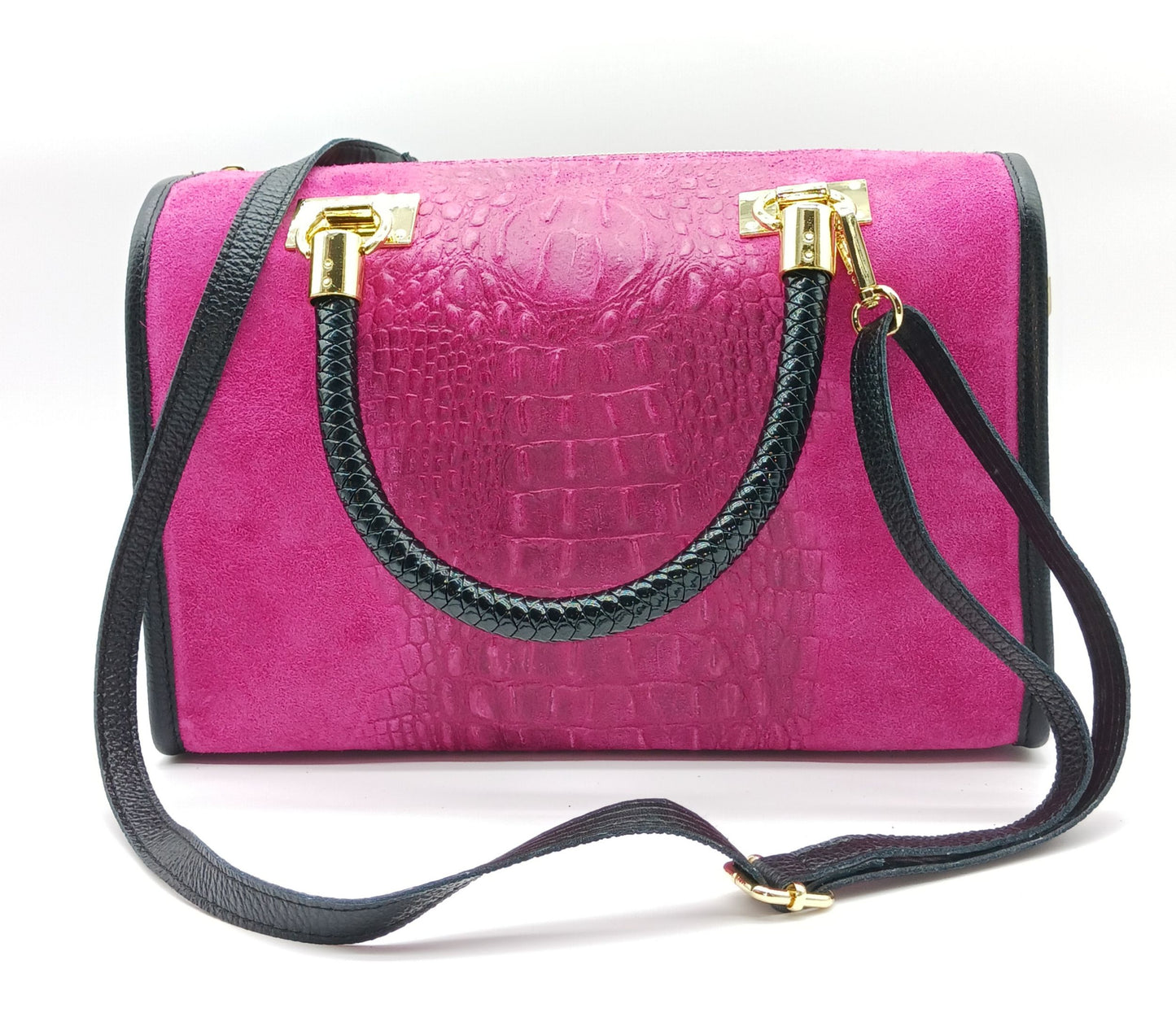 Genuine Suede & Leather Croc Embossed Satchel Handbag - Fuchsia – Made In Italy