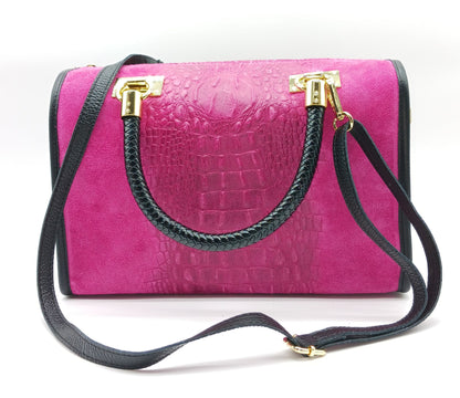Genuine Suede & Leather Croc Embossed Satchel Handbag - Fuchsia – Made In Italy