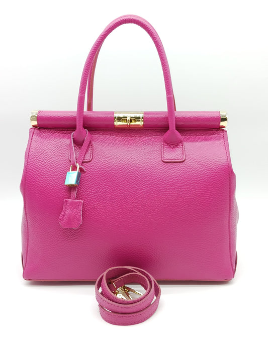 Lock & Key Genuine (Treated) Pebble Leather Handbag Satchel - Fuchsia #2 – Made In Italy