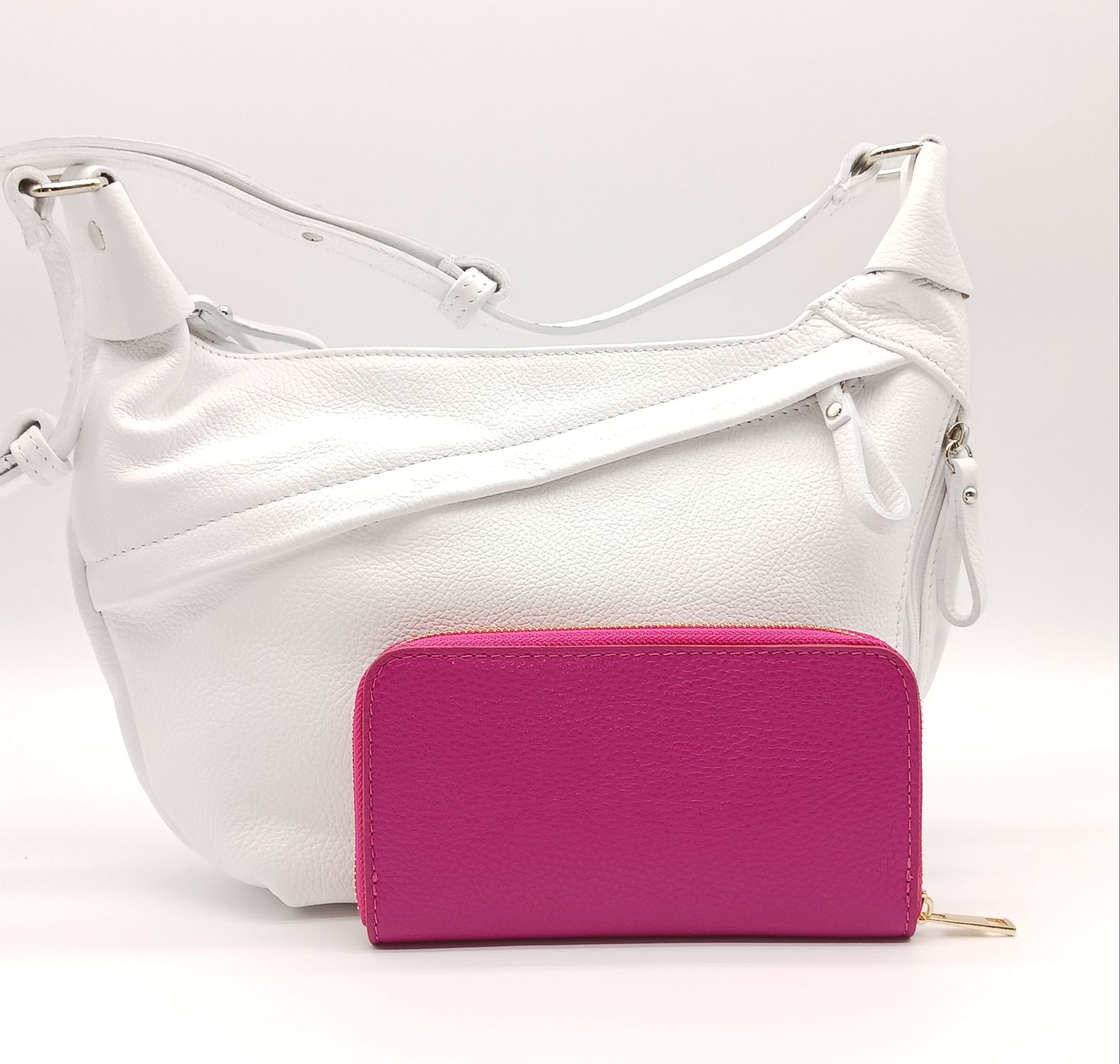 Genuine Pebble Leather Zip Wallet – Made In Italy - Fuchsia