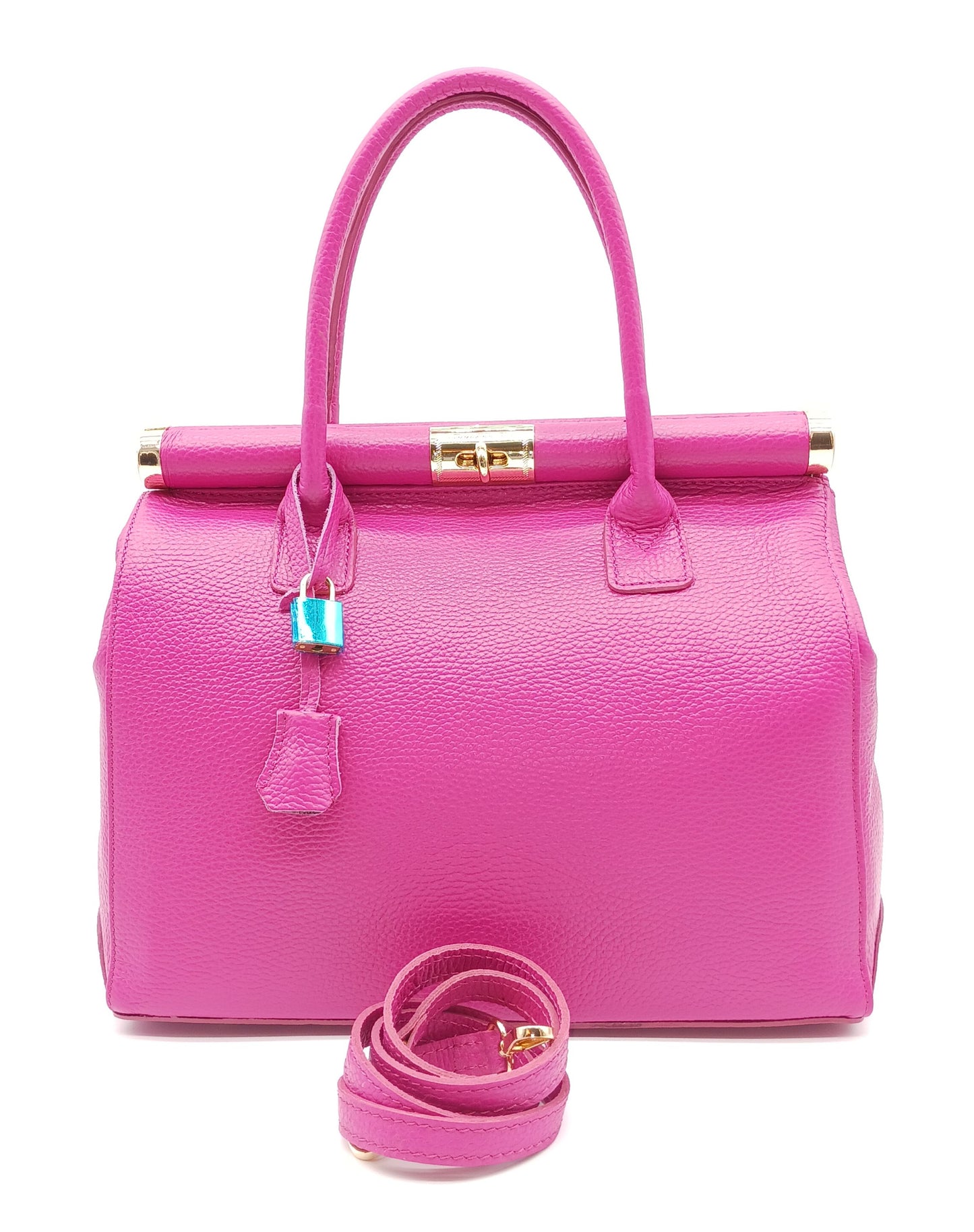 Lock & Key Genuine Pebble Leather Handbag Satchel - Fuchsia – Made In Italy