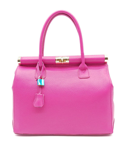 Lock & Key Genuine Pebble Leather Handbag Satchel - Fuchsia – Made In Italy