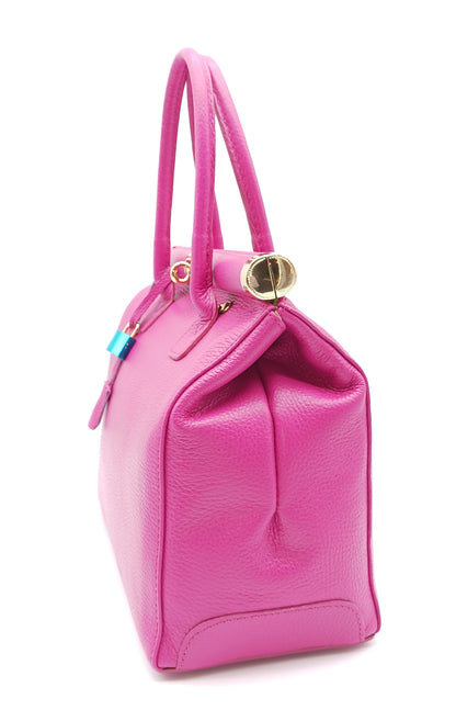 Lock & Key Genuine Pebble Leather Handbag Satchel - Fuchsia – Made In Italy