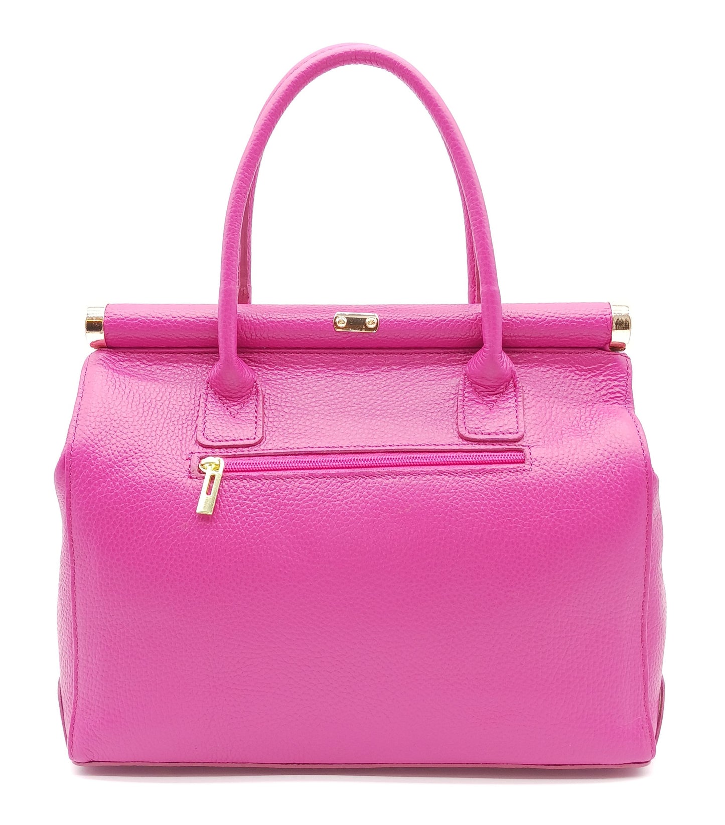 Lock & Key Genuine Pebble Leather Handbag Satchel - Fuchsia – Made In Italy