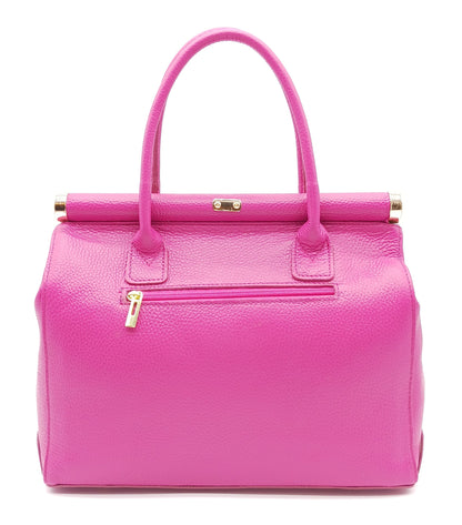 Lock & Key Genuine Pebble Leather Handbag Satchel - Fuchsia – Made In Italy