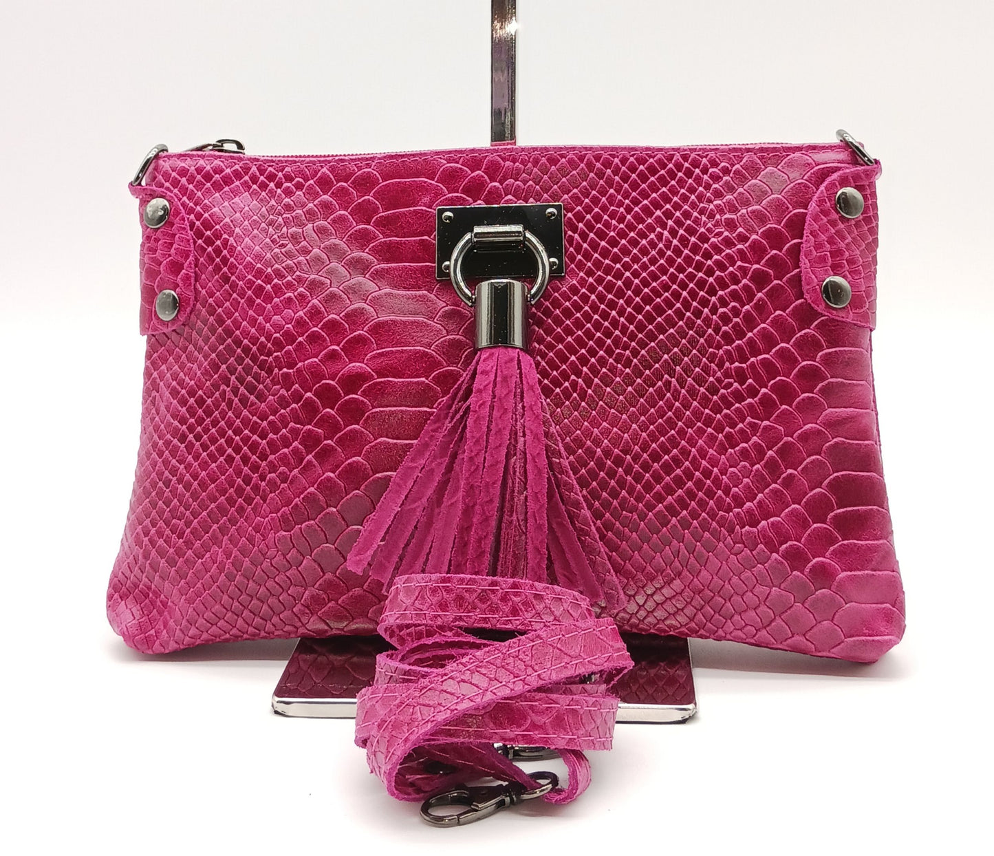 Snake Embossed Genuine Leather Crossbody Handbag - Fuchsia – Made In Italy