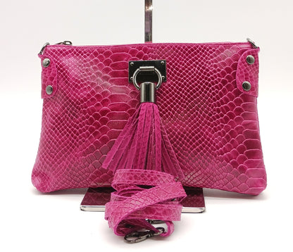 Snake Embossed Genuine Leather Crossbody Handbag - Fuchsia – Made In Italy