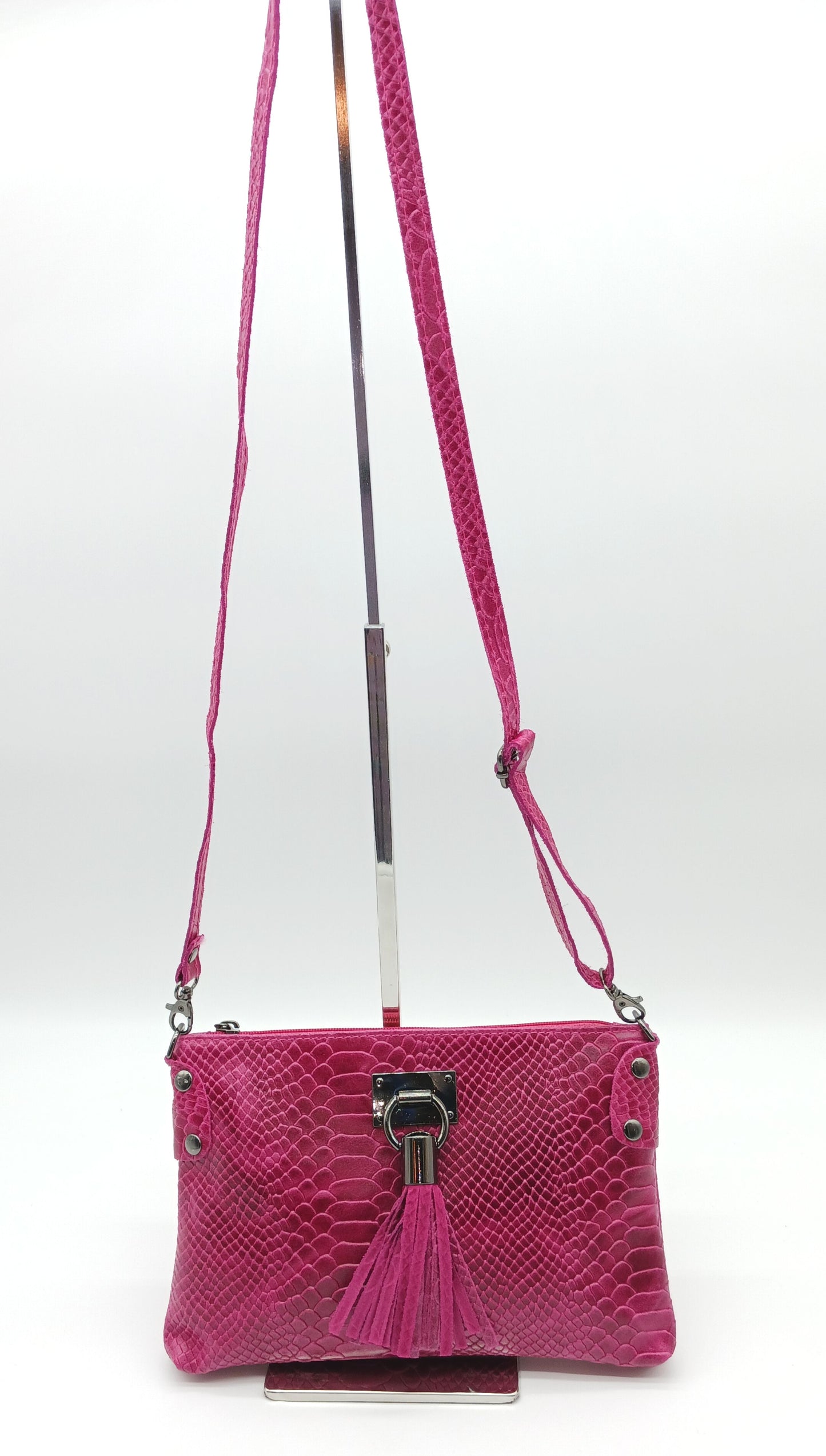 Snake Embossed Genuine Leather Crossbody Handbag - Fuchsia – Made In Italy