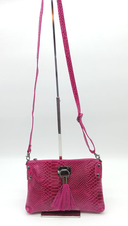 Snake Embossed Genuine Leather Crossbody Handbag - Fuchsia – Made In Italy