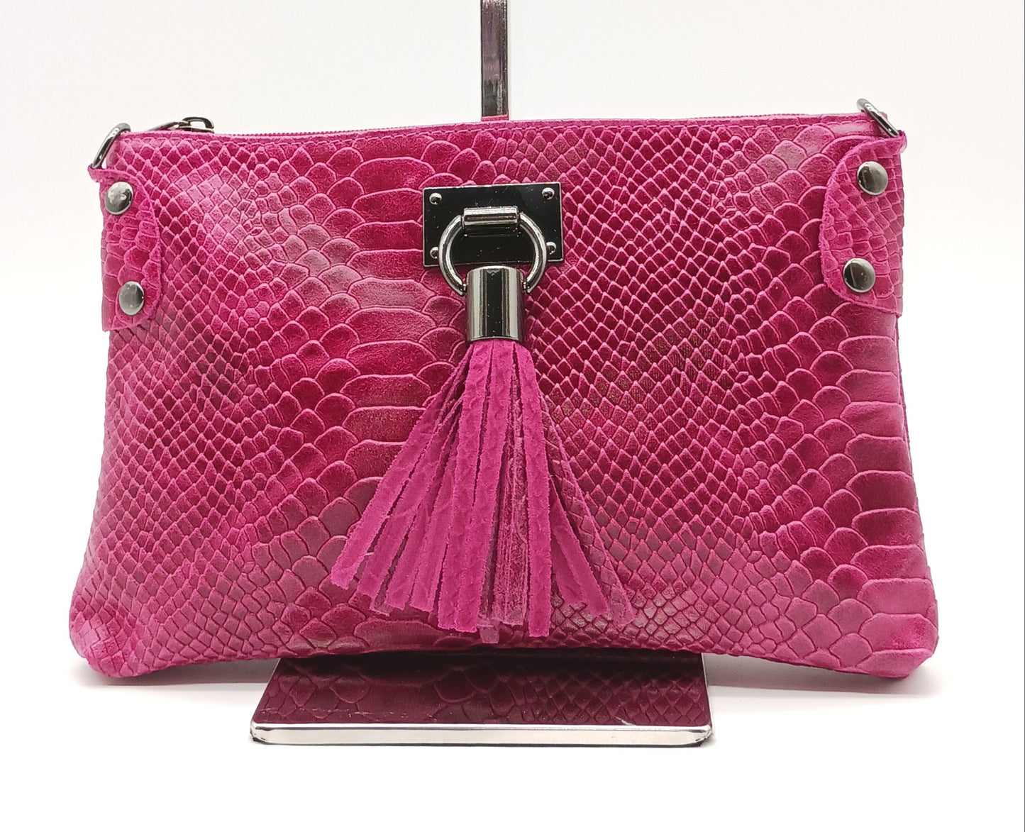 Snake Embossed Genuine Leather Crossbody Handbag - Fuchsia – Made In Italy