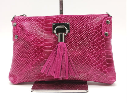 Snake Embossed Genuine Leather Crossbody Handbag - Fuchsia – Made In Italy