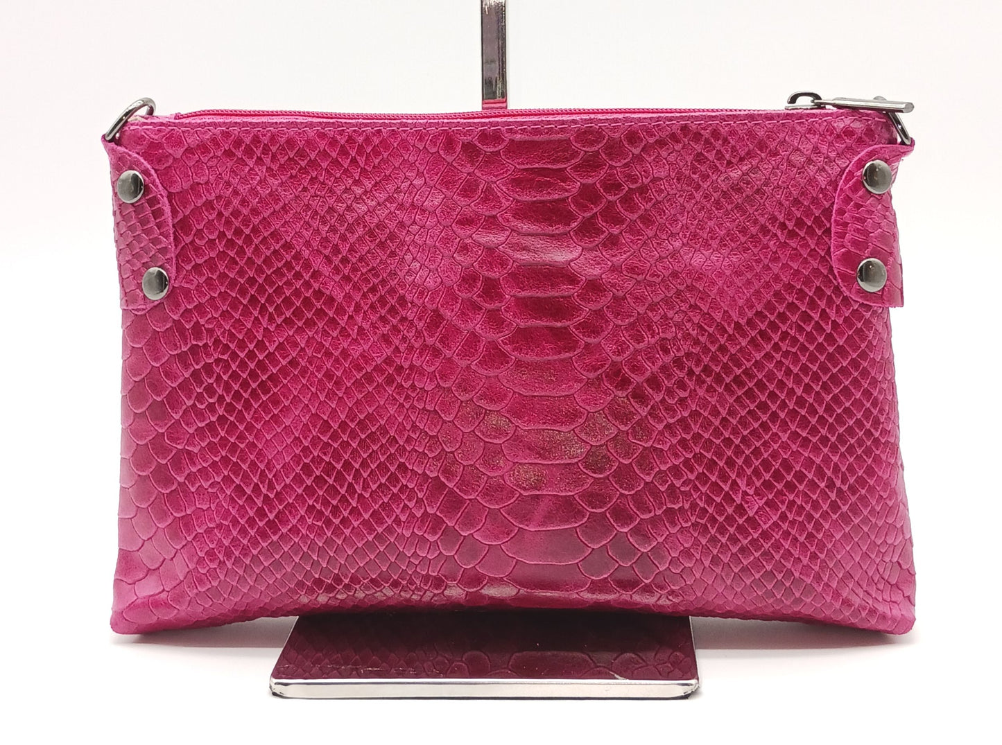 Snake Embossed Genuine Leather Crossbody Handbag - Fuchsia – Made In Italy
