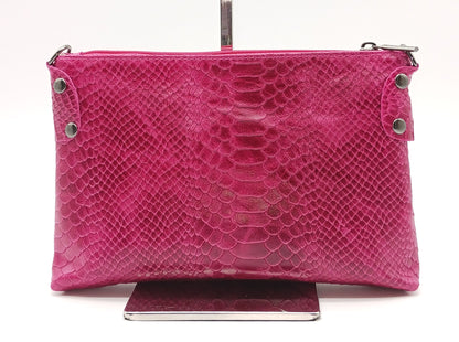 Snake Embossed Genuine Leather Crossbody Handbag - Fuchsia – Made In Italy