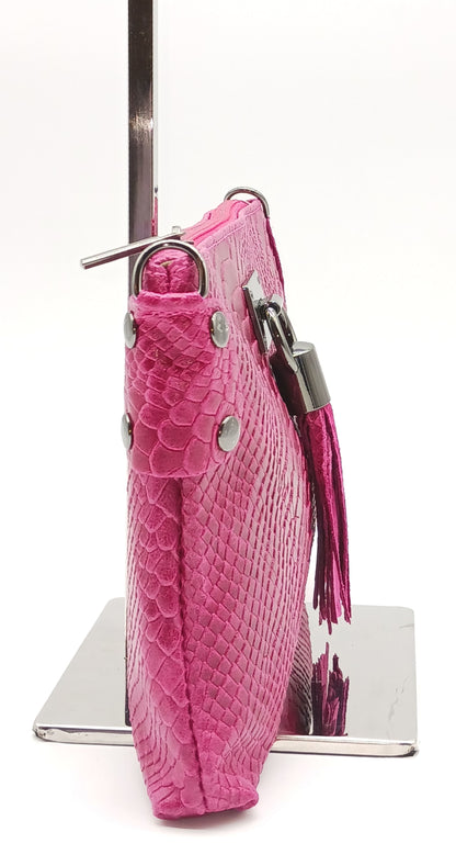 Snake Embossed Genuine Leather Crossbody Handbag - Fuchsia – Made In Italy