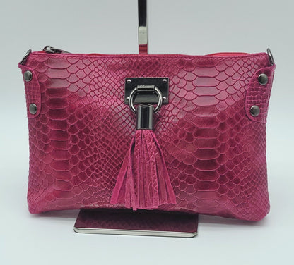 Snake Embossed Genuine Leather Crossbody Handbag - Fuchsia – Made In Italy