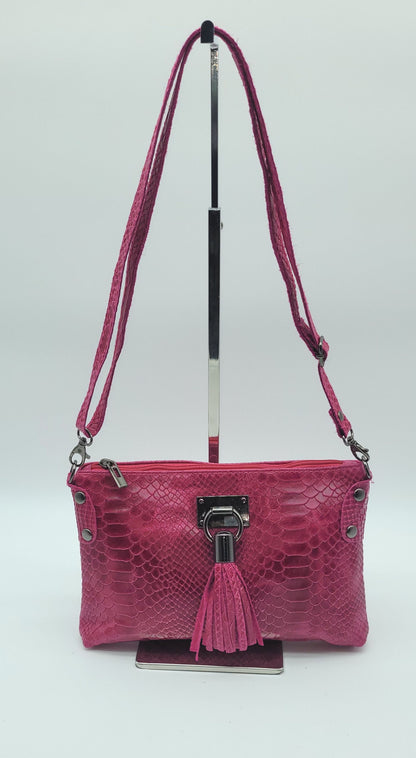 Snake Embossed Genuine Leather Crossbody Handbag - Fuchsia – Made In Italy