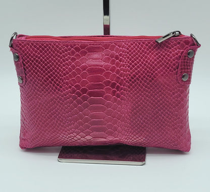 Snake Embossed Genuine Leather Crossbody Handbag - Fuchsia – Made In Italy