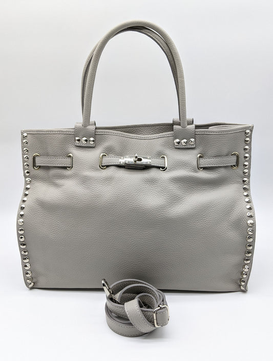 Genuine Pebble Leather Studded Satchel - Gray – Made In Italy - DumasvilleBoutique