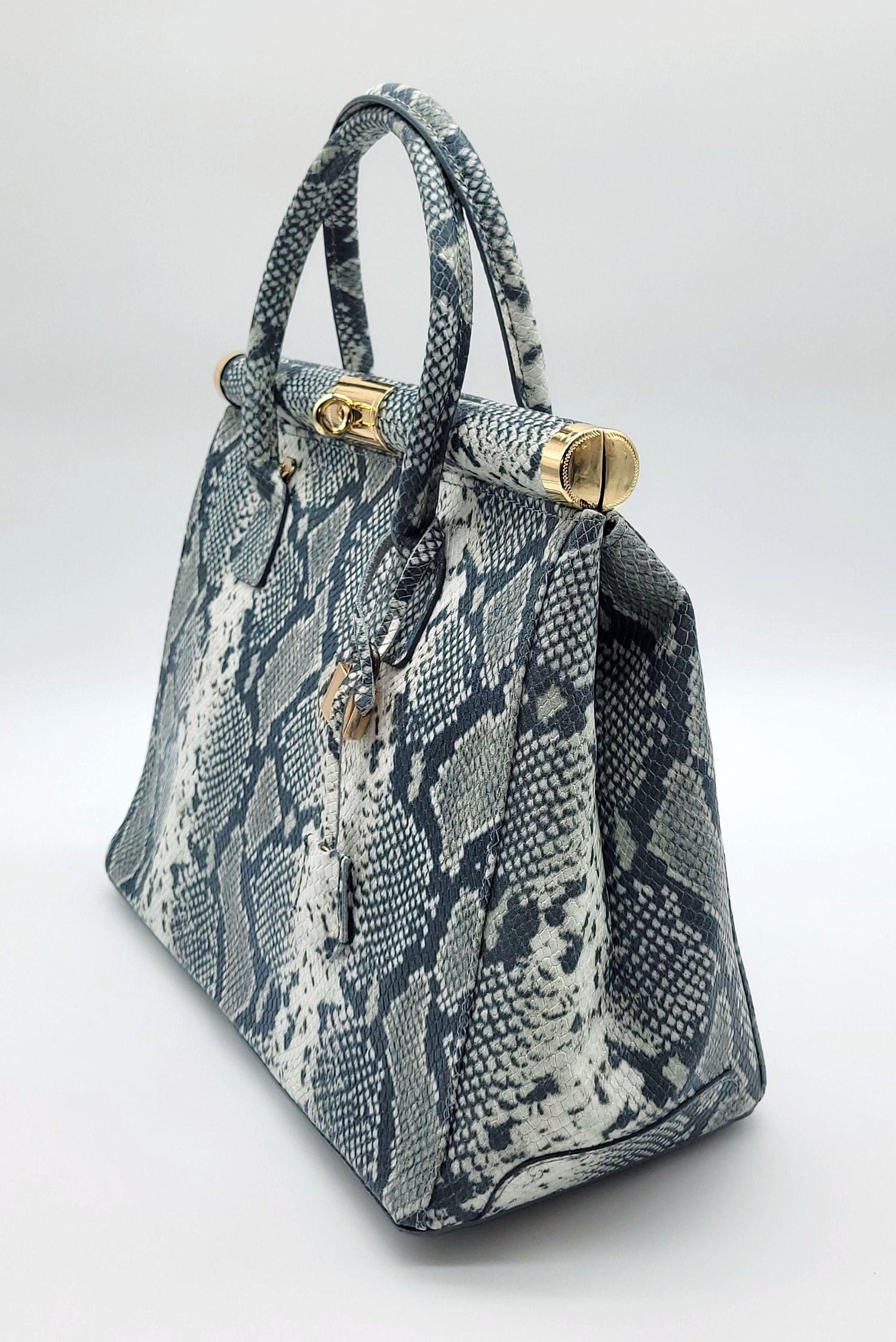 Lock & Key Genuine Python Embossed Leather Handbag Satchel - Gray – Made In Italy - DumasvilleBoutique