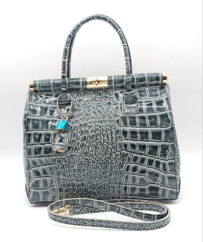 Lock & Key Shiny Croc Embossed Genuine Leather Handbag Satchel – Made In Italy - Gray