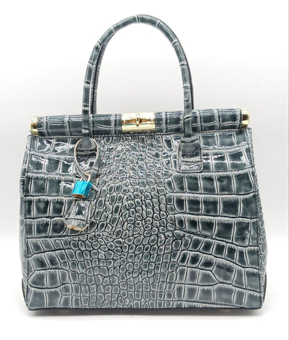 Lock & Key Shiny Croc Embossed Genuine Leather Handbag Satchel – Made In Italy - Gray