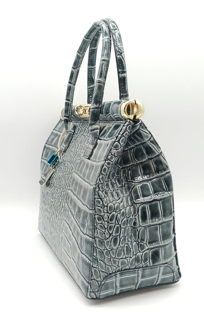 Lock & Key Shiny Croc Embossed Genuine Leather Handbag Satchel – Made In Italy - Gray