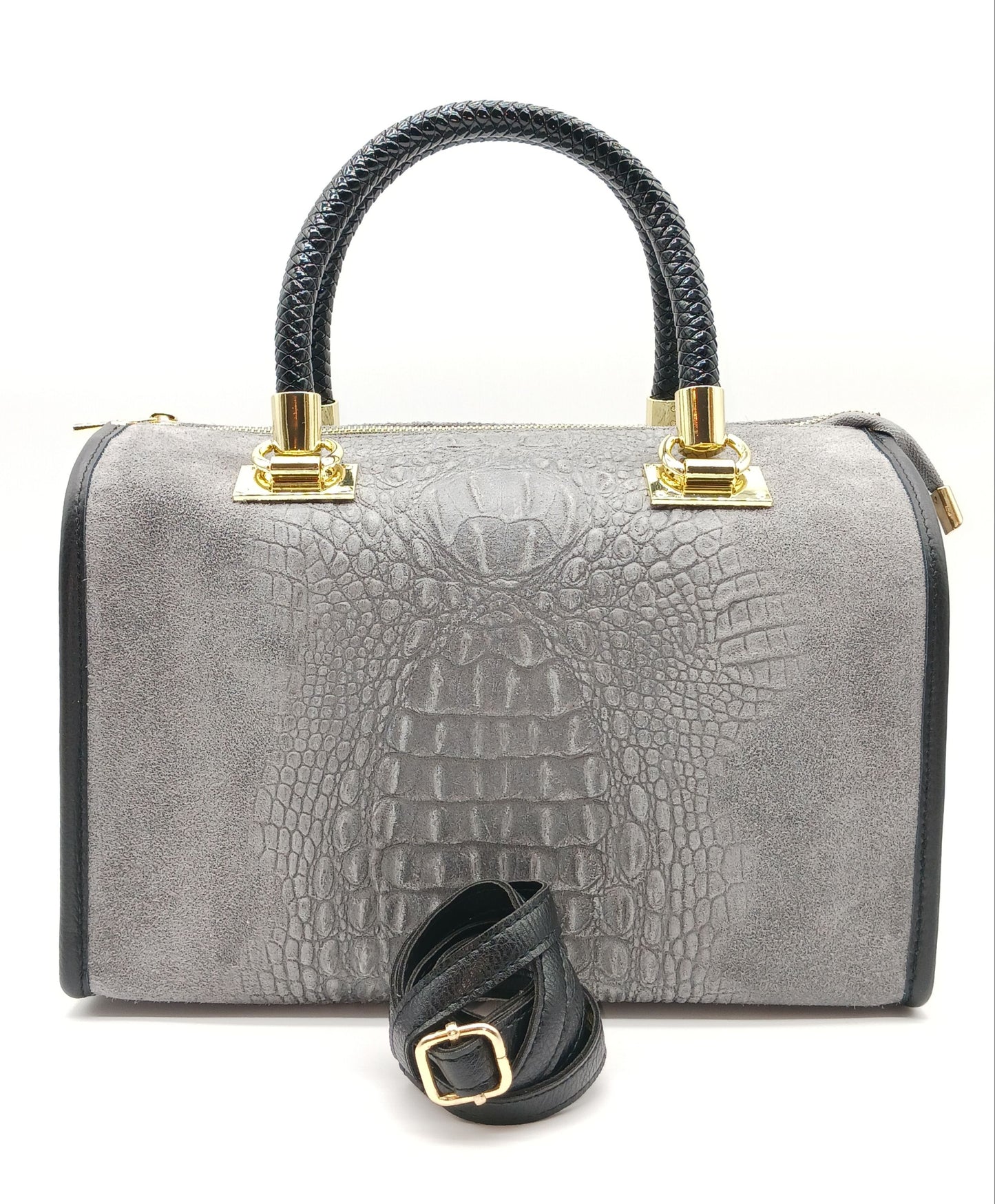 Genuine Suede & Leather Croc Embossed Satchel Handbag - Gray – Made In Italy