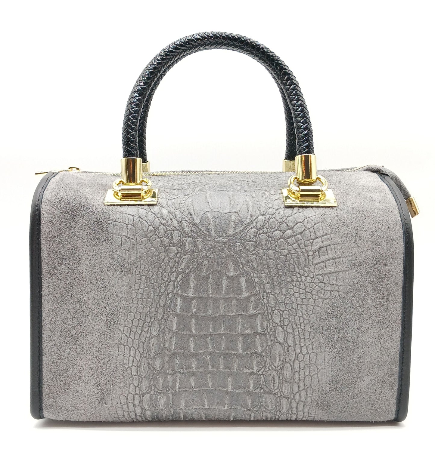 Genuine Suede & Leather Croc Embossed Satchel Handbag - Gray – Made In Italy