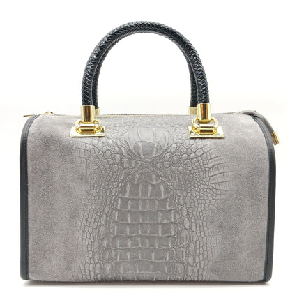 Genuine Suede & Leather Croc Embossed Satchel Handbag - Gray – Made In Italy