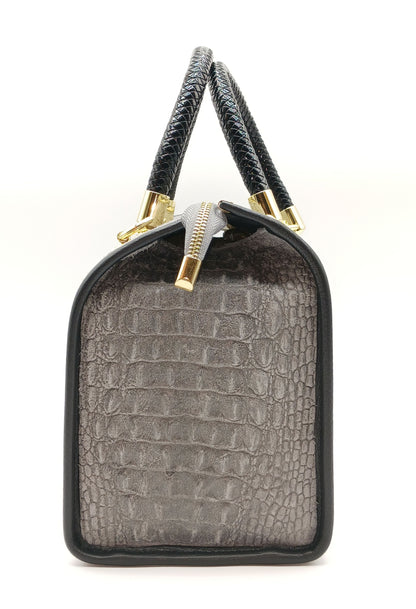Genuine Suede & Leather Croc Embossed Satchel Handbag - Gray – Made In Italy