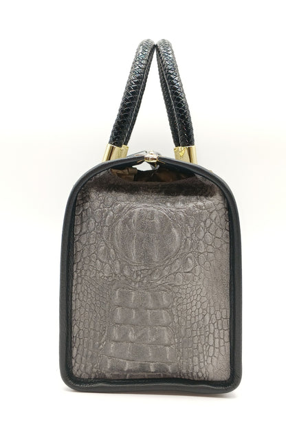 Genuine Suede & Leather Croc Embossed Satchel Handbag - Gray – Made In Italy