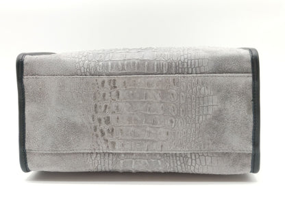 Genuine Suede & Leather Croc Embossed Satchel Handbag - Gray – Made In Italy