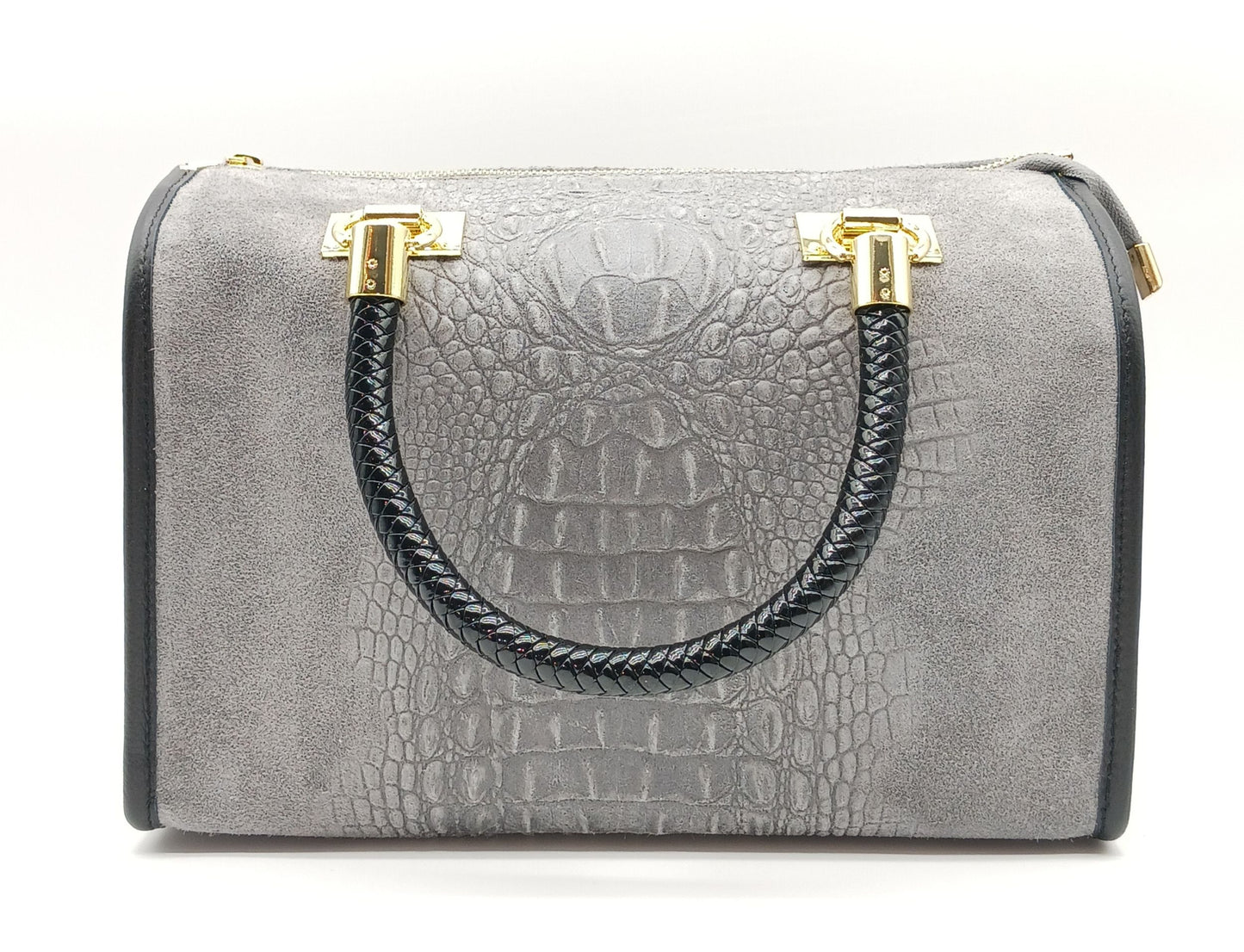 Genuine Suede & Leather Croc Embossed Satchel Handbag - Gray – Made In Italy