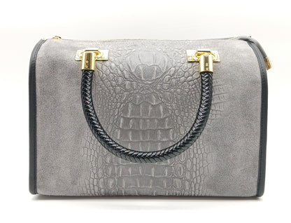 Genuine Suede & Leather Croc Embossed Satchel Handbag - Gray – Made In Italy