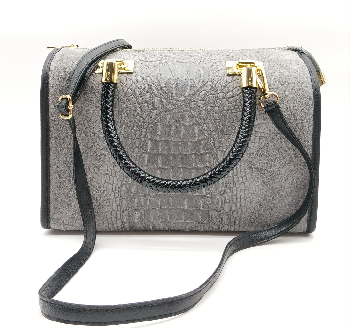 Genuine Suede & Leather Croc Embossed Satchel Handbag - Gray – Made In Italy