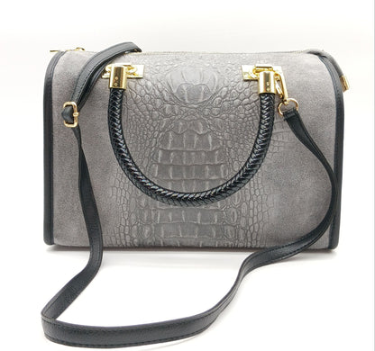 Genuine Suede & Leather Croc Embossed Satchel Handbag - Gray – Made In Italy