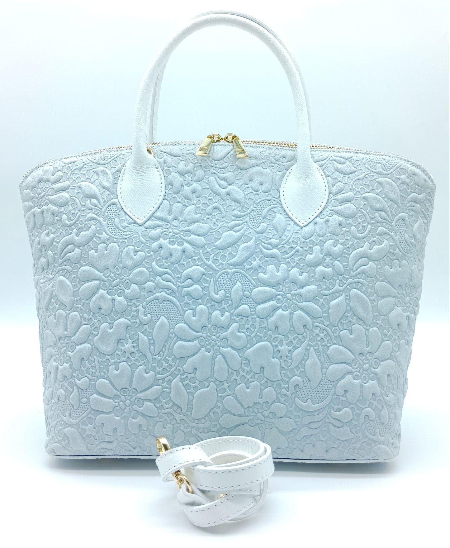 Light Gray Genuine Leather Floral Embossed Handbag Satchel – Made In Italy