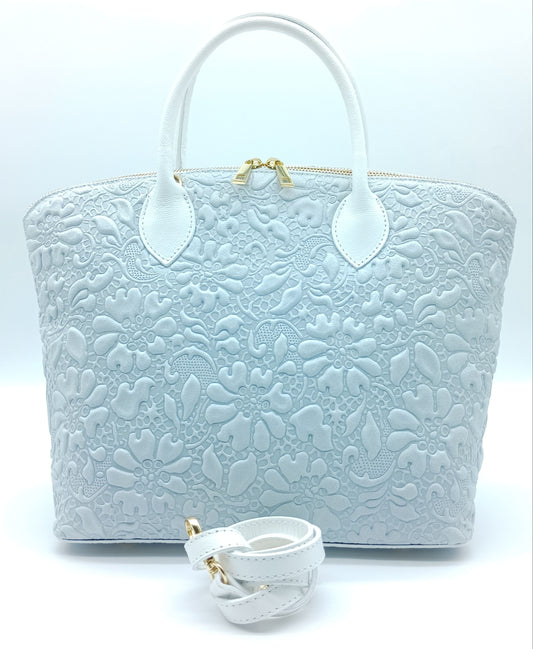 Light Gray Genuine Leather Floral Embossed Handbag Satchel – Made In Italy