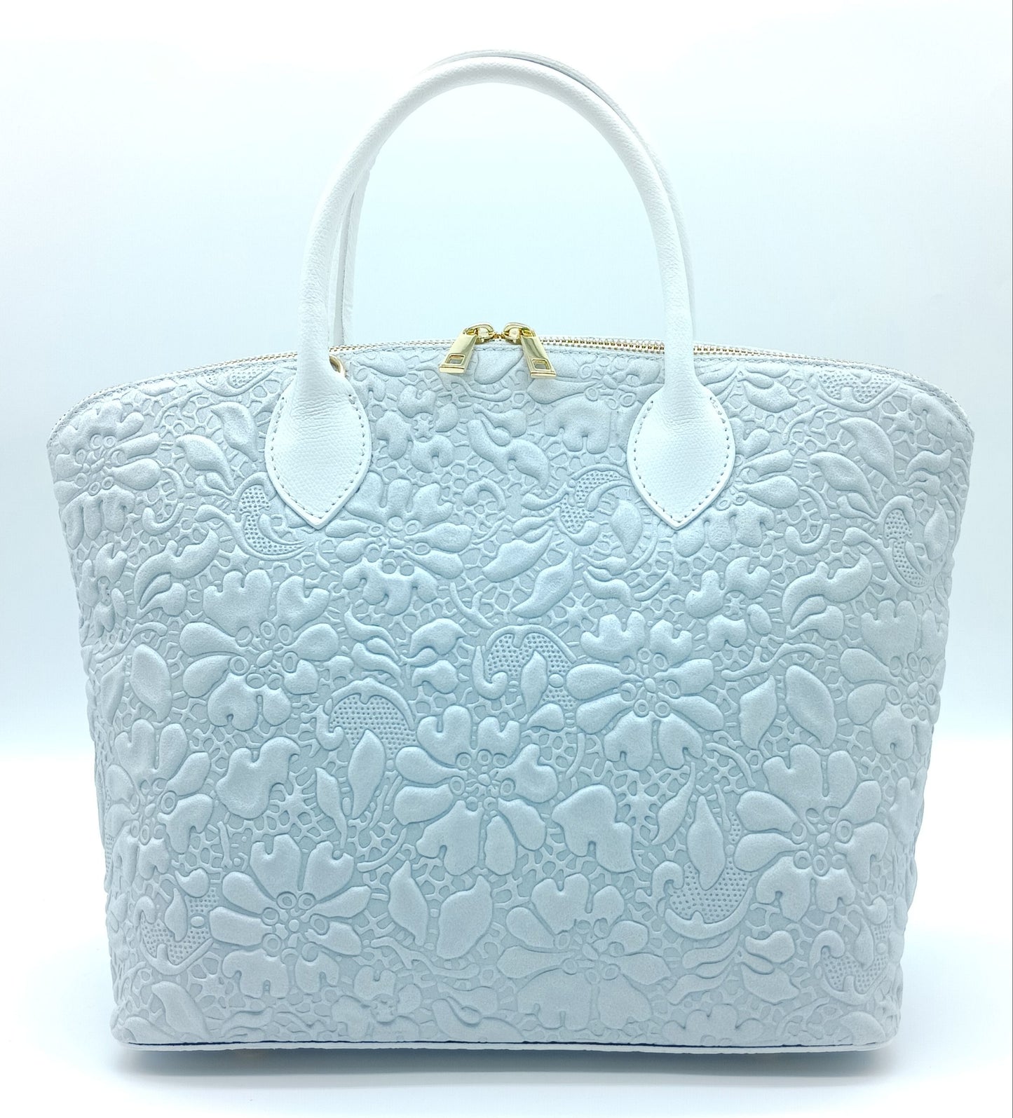 Light Gray Genuine Leather Floral Embossed Handbag Satchel – Made In Italy