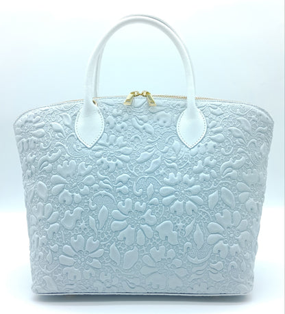 Light Gray Genuine Leather Floral Embossed Handbag Satchel – Made In Italy