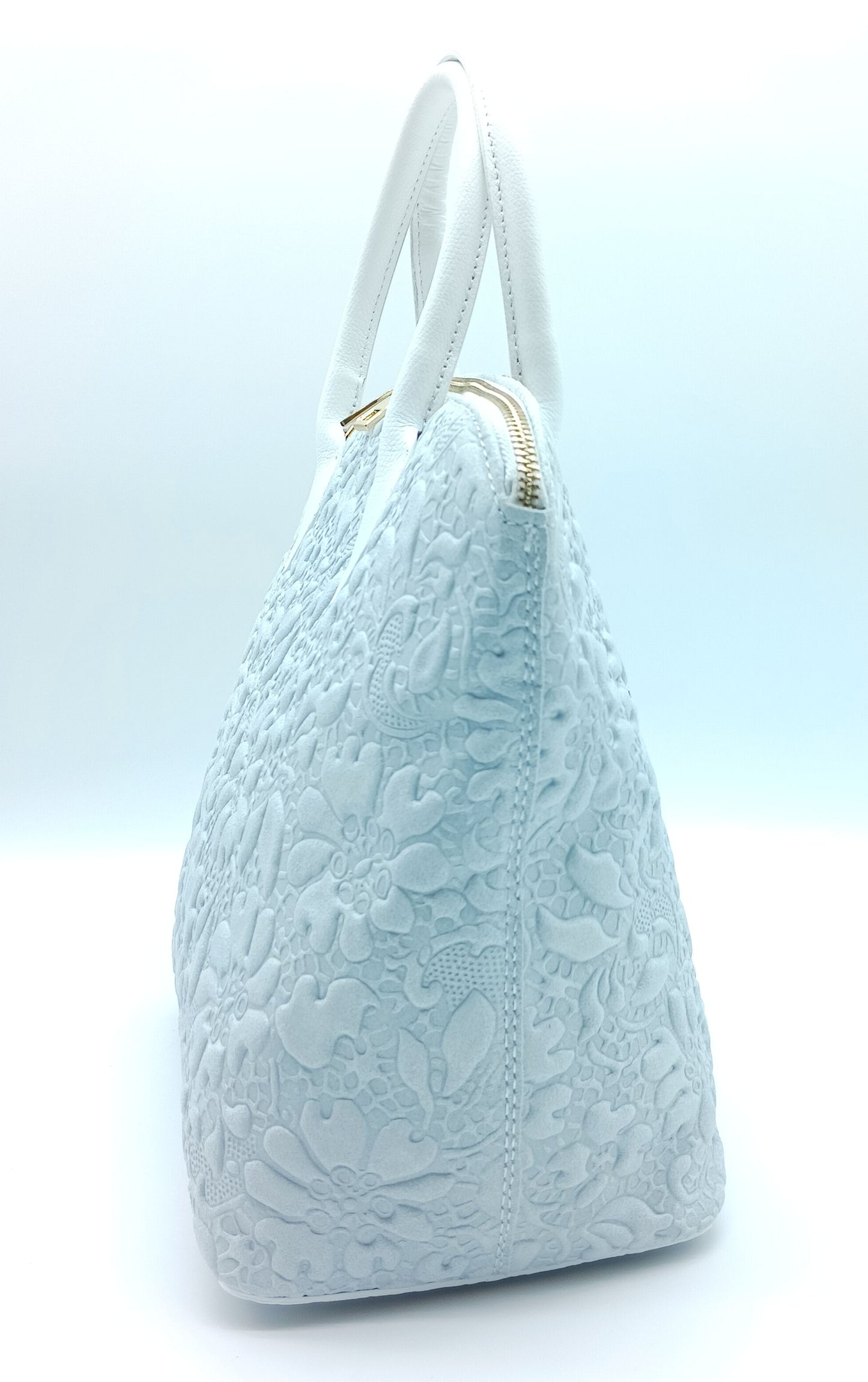 Light Gray Genuine Leather Floral Embossed Handbag Satchel – Made In Italy