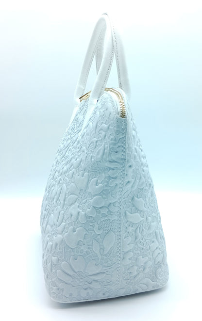 Light Gray Genuine Leather Floral Embossed Handbag Satchel – Made In Italy