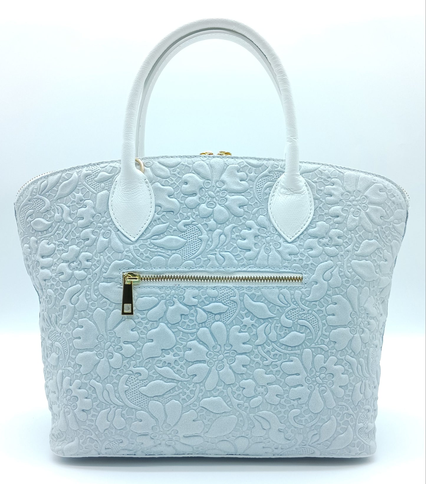 Light Gray Genuine Leather Floral Embossed Handbag Satchel – Made In Italy