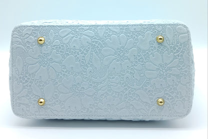 Light Gray Genuine Leather Floral Embossed Handbag Satchel – Made In Italy