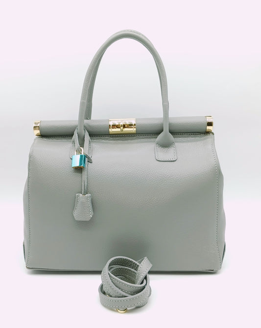 Lock & Key Genuine (Treated) Pebble Leather Handbag Satchel - Light Gray – Made In Italy