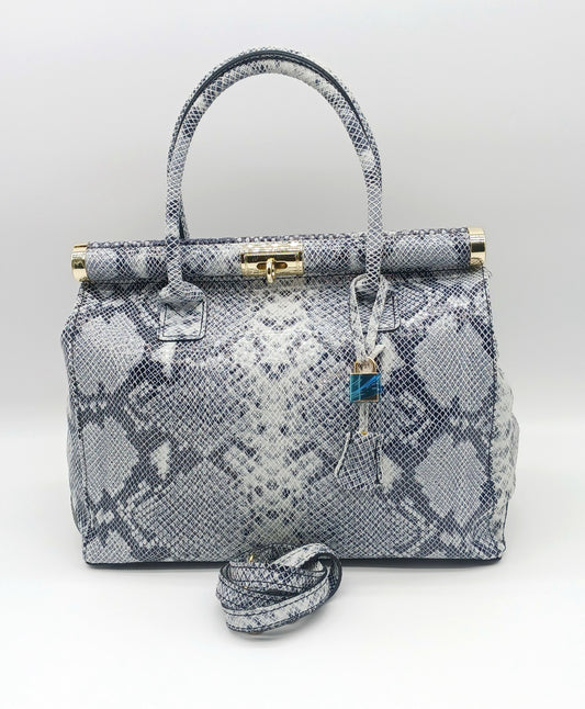 Lock & Key Genuine Python Embossed Leather Handbag Satchel - Gray – Made In Italy