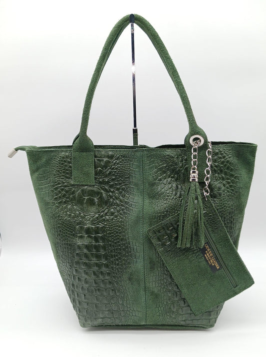 Genuine Leather & Suede Croc Embossed XL Shoulder Bag Tote - Green – Made In Italy - DumasvilleBoutique