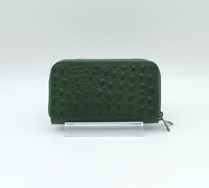 Genuine Croc Embossed Leather Double Zip Wallet – Made In Italy - Bottle Green