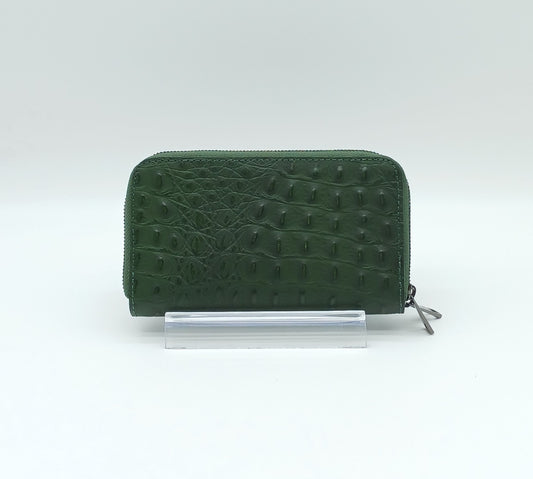 Genuine Croc Embossed Leather Double Zip Wallet – Made In Italy - Bottle Green